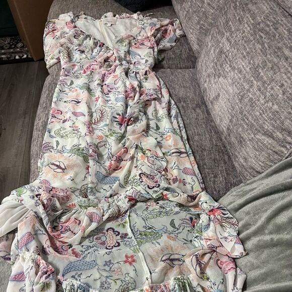 Cinq a Sept Sheilla Ruffled Floral Print High Low V-Neck Midi Dress Size 8 - Picture 3 of 6